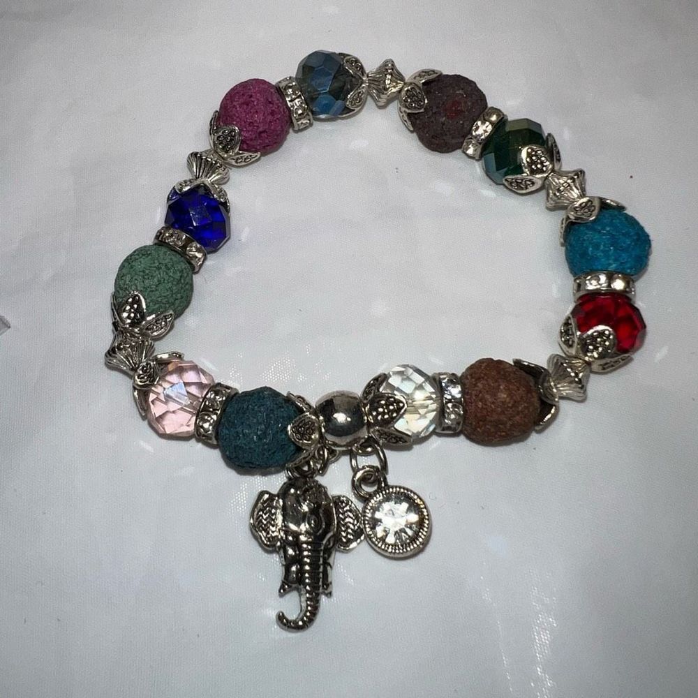 Silver Tone Colorful Lava Rock Bead Good Luck Elephant Charm Bracelet